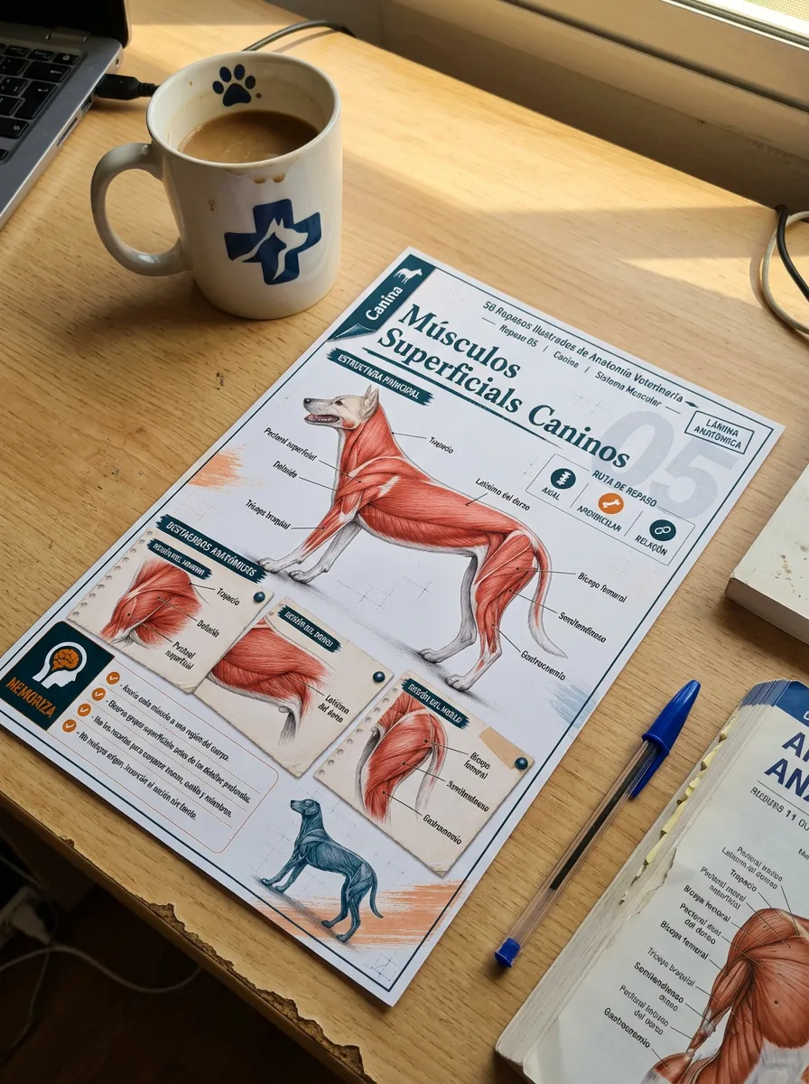 Estudiante usando las revisiones ilustradas de anatomía veterinaria
