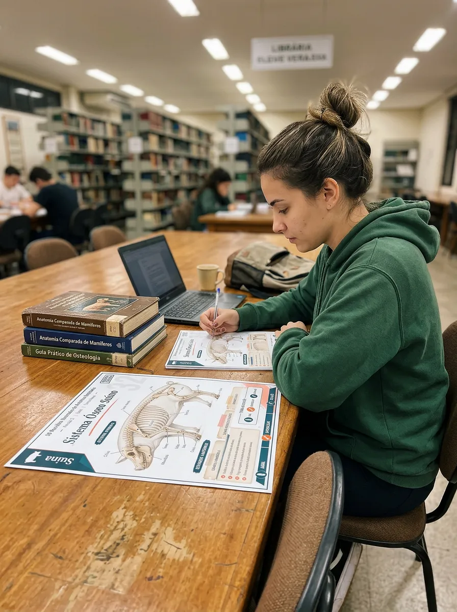 Estudiante usando las revisiones ilustradas de anatomía veterinaria