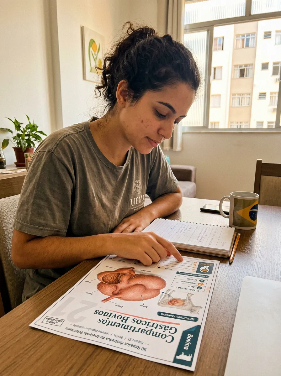Estudiante usando las revisiones ilustradas de anatomía veterinaria